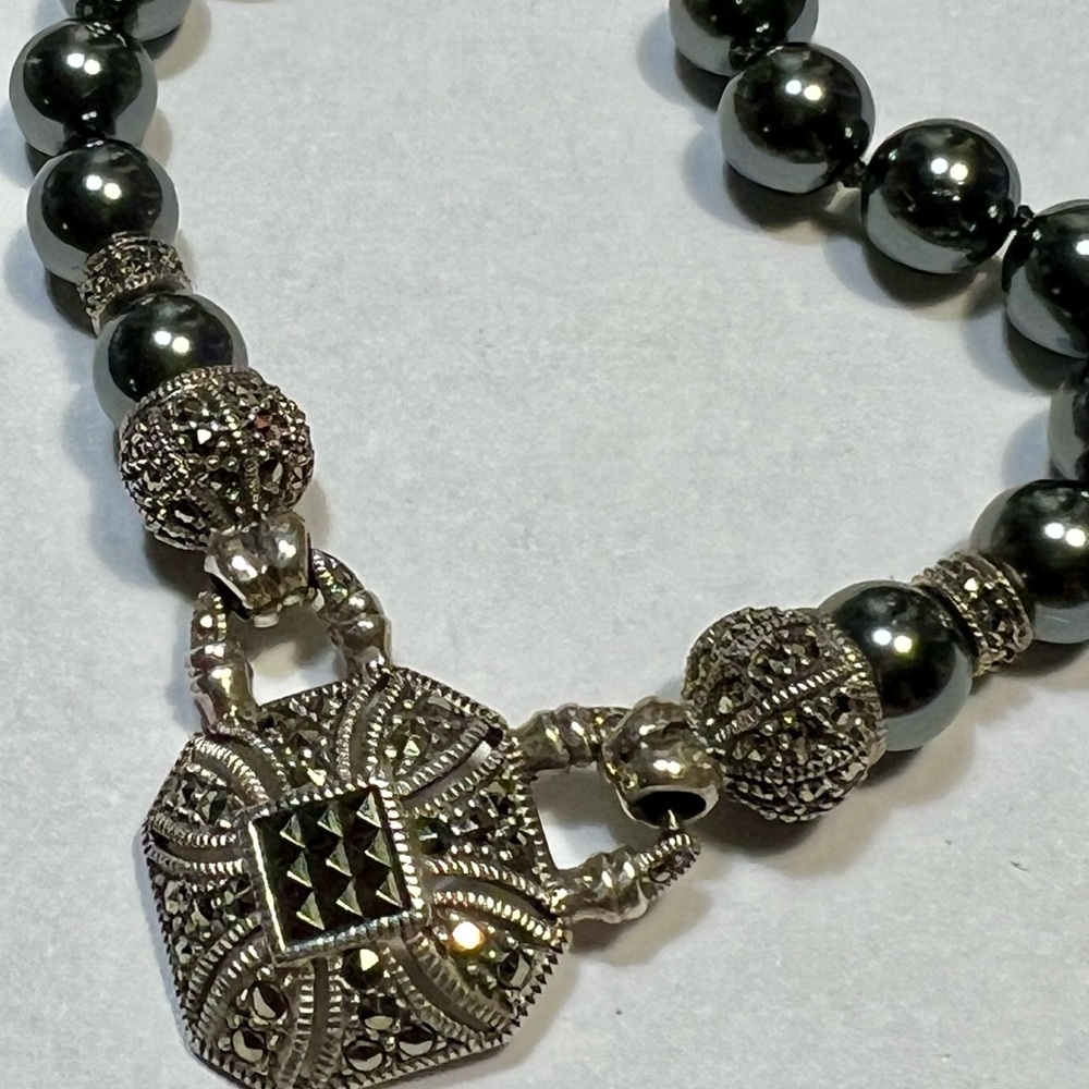 Simulated Pearls and Marcasite, sterling silver necklace by Judith Jack